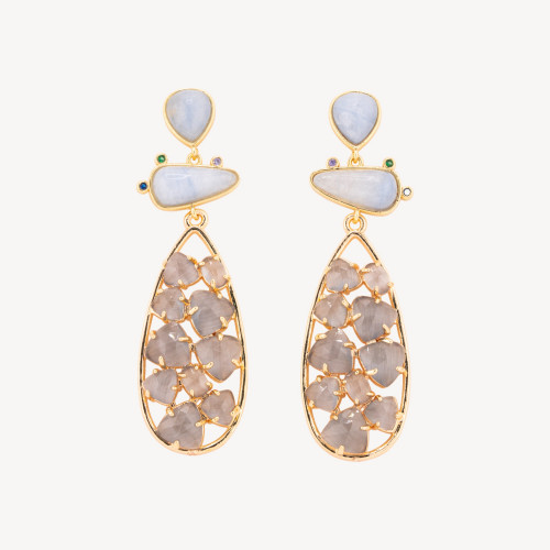 Bronze Earrings with 21x65.5mm Chalcedony and Gray Cat's Eye Stones