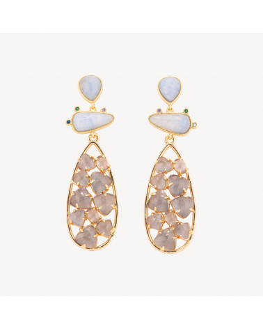 Orecchini In Bronzo Con Pietre Dure 21x65,5mm Calcedonio e Occhio di Gatto Grigio-ORECCHINI MADE WITH STYLE | Worldofjewel.com
