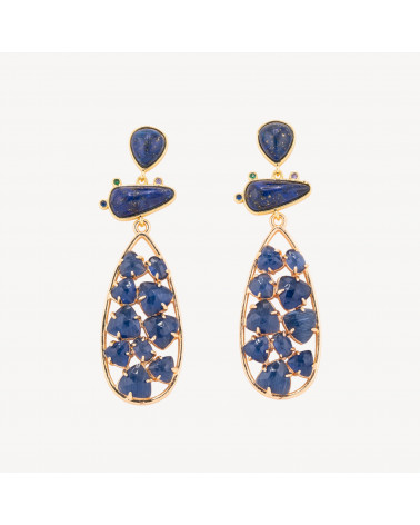 Orecchini In Bronzo Con Pietre Dure 21x65,5mm Lapislazzuli e Occhio di Gatto Blu-ORECCHINI MADE WITH STYLE | Worldofjewel.com