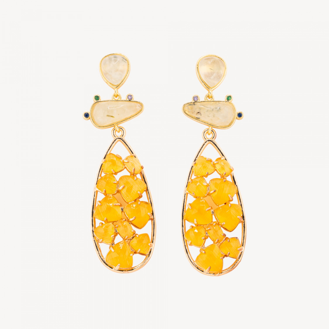 Orecchini In Bronzo Con Pietre Dure 21x65,5mm Quarzo Citrino e Occhio di Gatto Giallo-ORECCHINI MADE WITH STYLE | Worldofjewel.com
