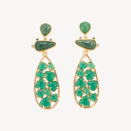 Bronze Earrings with 21x65.5mm Green Strawberry Quartz and Green Cat's Eye Gemstones