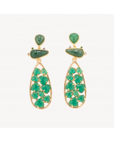 Orecchini In Bronzo Con Pietre Dure 21x65,5mm Quarzo Fragola Verde e Occhio di Gatto Verde-ORECCHINI MADE WITH STYLE | Worldofjewel.com