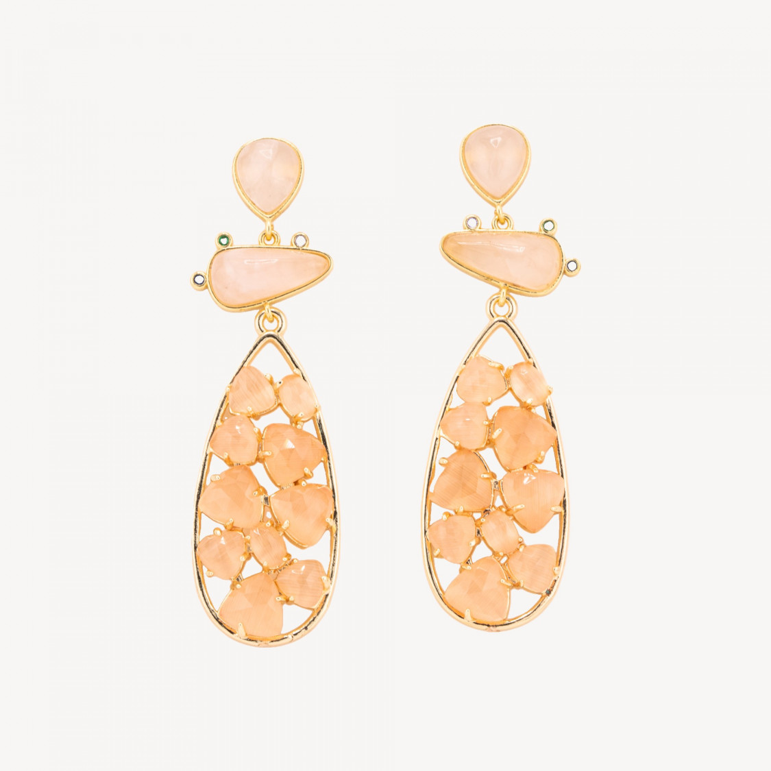 Ohrringe aus Bronze mit 21 x 65,5 mm Rosenquarz und orangefarbenen Katzenaugen-Edelsteinen-Ohrringe mit Stil | Worldofjewel.com