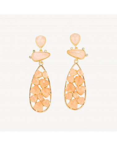 Orecchini In Bronzo Con Pietre Dure 21x65,5mm Quarzo Rosa e Occhio di Gatto Arancione-ORECCHINI MADE WITH STYLE | Worldofjewel.com