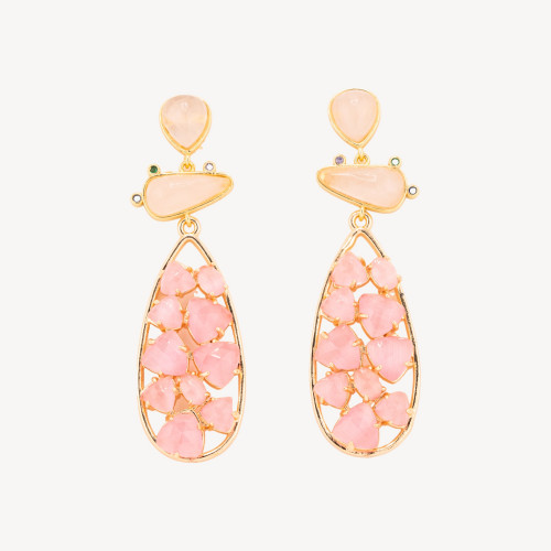 Pendientes de bronce con cuarzo rosa y ojo de gato rosa de 21 x 65,5 mm