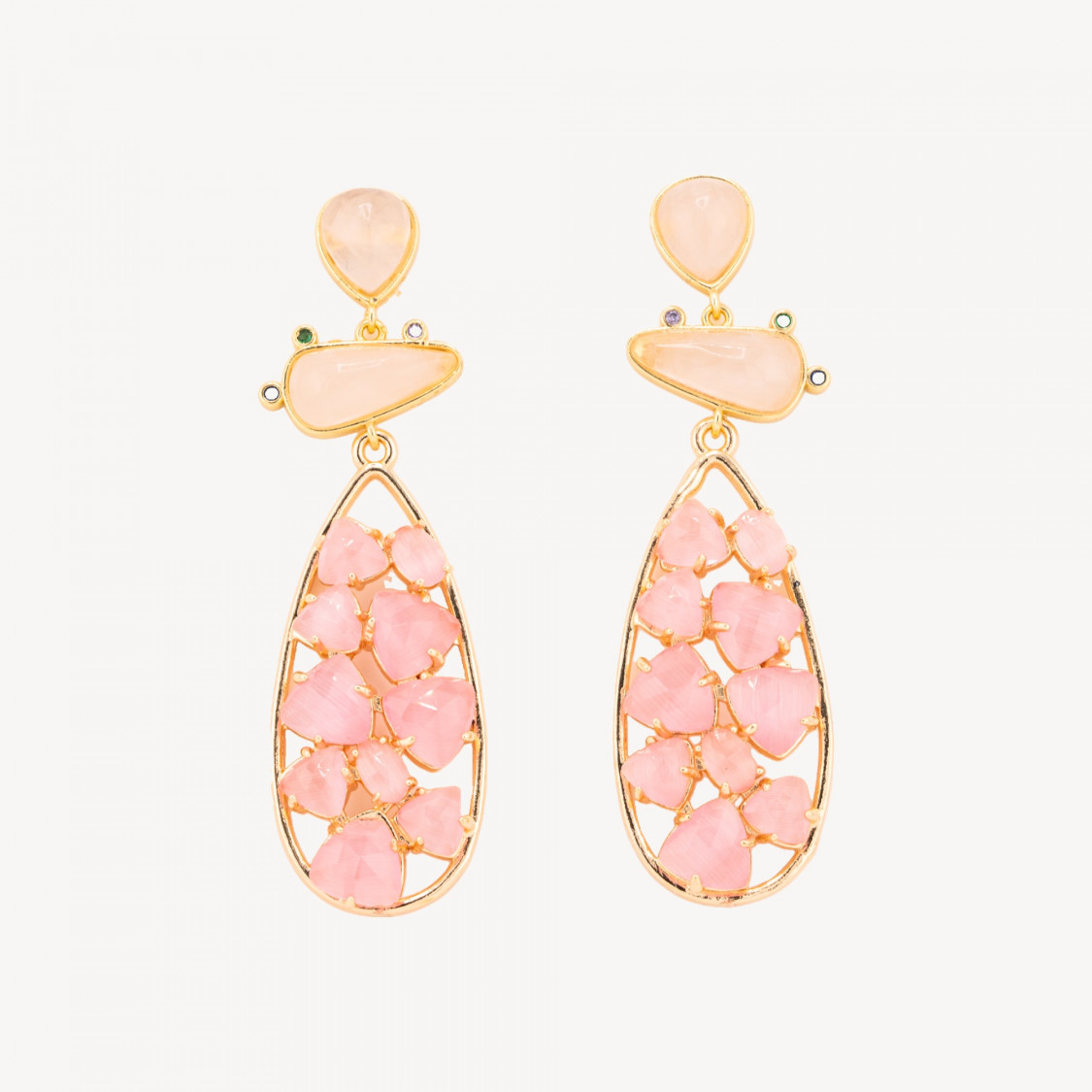 Orecchini In Bronzo Con Pietre Dure 21x65,5mm Quarzo Rosa e Occhio di Gatto Rosa-ORECCHINI MADE WITH STYLE | Worldofjewel.com