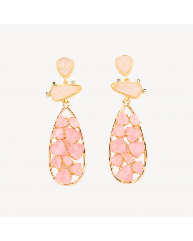 Orecchini In Bronzo Con Pietre Dure 21x65,5mm Quarzo Rosa e Occhio di Gatto Rosa-ORECCHINI MADE WITH STYLE | Worldofjewel.com