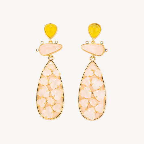 Bronze Earrings with 21x65.5mm Topaz and Pink Cat's Eye Stones