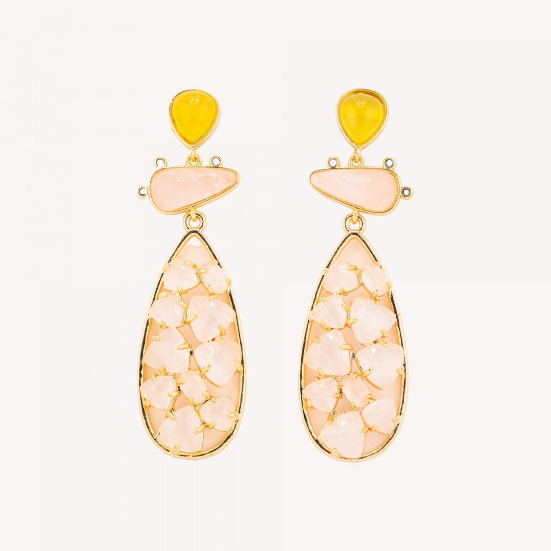 Orecchini In Bronzo Con Pietre Dure 21x65,5mm Topazio e Occhio di Gatto Rosa-ORECCHINI MADE WITH STYLE | Worldofjewel.com