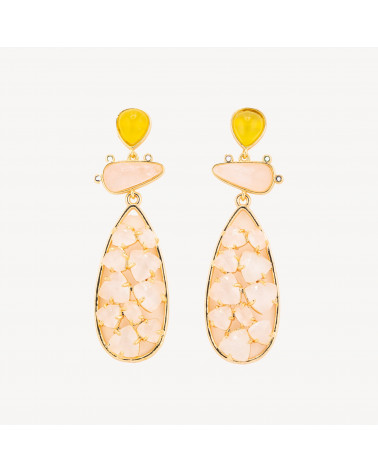 Orecchini In Bronzo Con Pietre Dure 21x65,5mm Topazio e Occhio di Gatto Rosa-ORECCHINI MADE WITH STYLE | Worldofjewel.com