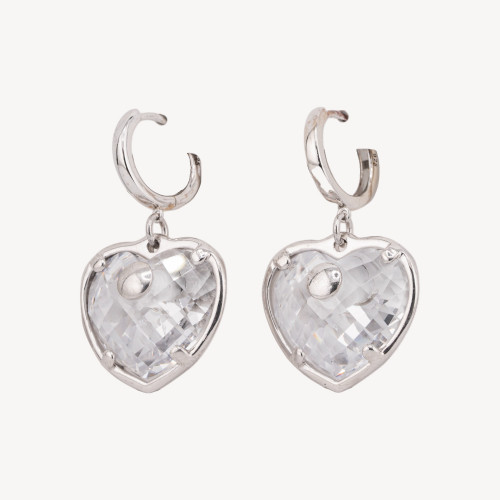 925 Silver Stud Earrings with White CZ Heart Zirconia 23x38mm