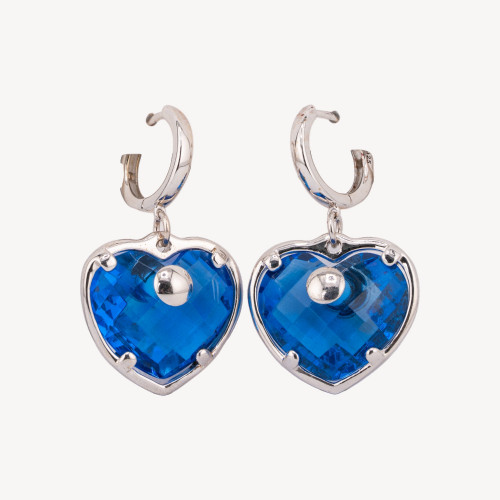 925 Silver Stud Earrings with Blue CZ Heart Zirconia 23x38mm