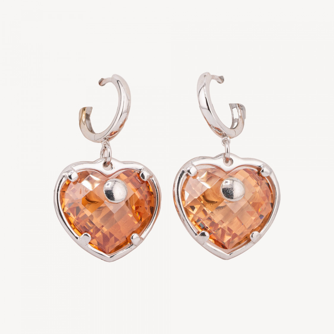 925 Silver Stud Earrings with Champagne Heart CZ Zirconia 23x38mm-SILVER 925 DESIGN ITALY | Worldofjewel.com