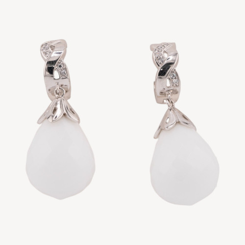 Pendientes de plata 925 con cierre de palanca, circonitas y ágata blanca facetada de 16 x 38 mm.