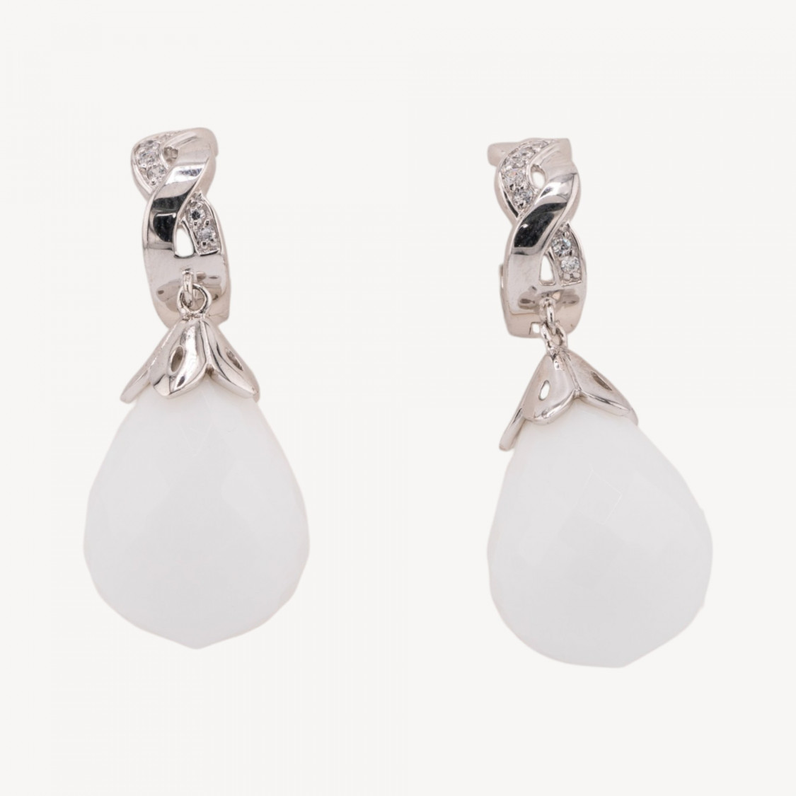 Orecchini A Monachella Chiusa Di Argento 925 Con Zirconi E Agata Bianca Goccia Sfaccettata 16x38mm-ARGENT 925 DESIGN ITALIE | Worldofjewel.com