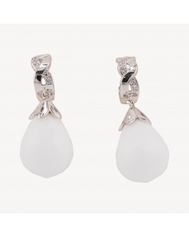 Orecchini A Monachella Chiusa Di Argento 925 Con Zirconi E Agata Bianca Goccia Sfaccettata 16x38mm-ARGENT 925 DESIGN ITALIE | Worldofjewel.com