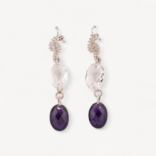 925 Silver Seahorse Leverback Earrings with White and Purple Oval Zirconia 10x56mm
