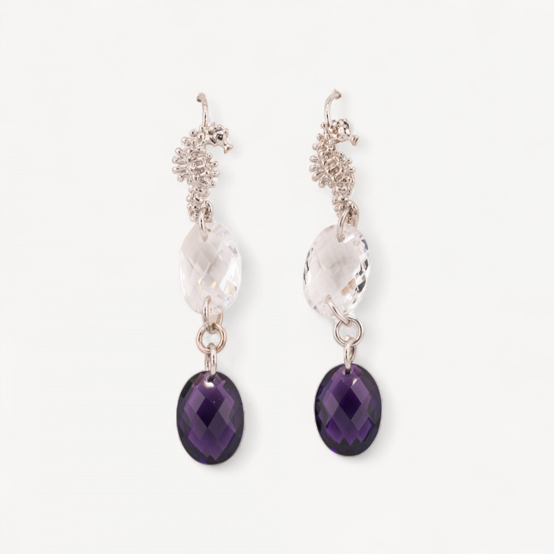 Orecchini A Monachella Di Argento 925 Cavalluccio Marino Con Zirconi Ovali Bianco E Viola 10x56mm-SILBER 925 DESIGN ITALIEN | Worldofjewel.com