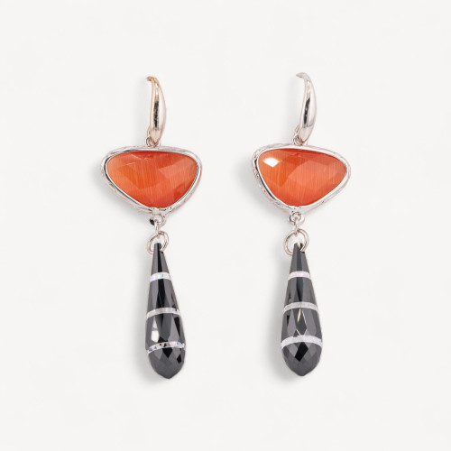 925 Silver Leverback Earrings with Bronze Component with Cat's Eye and Drop Zirconia 20x64mm Orange