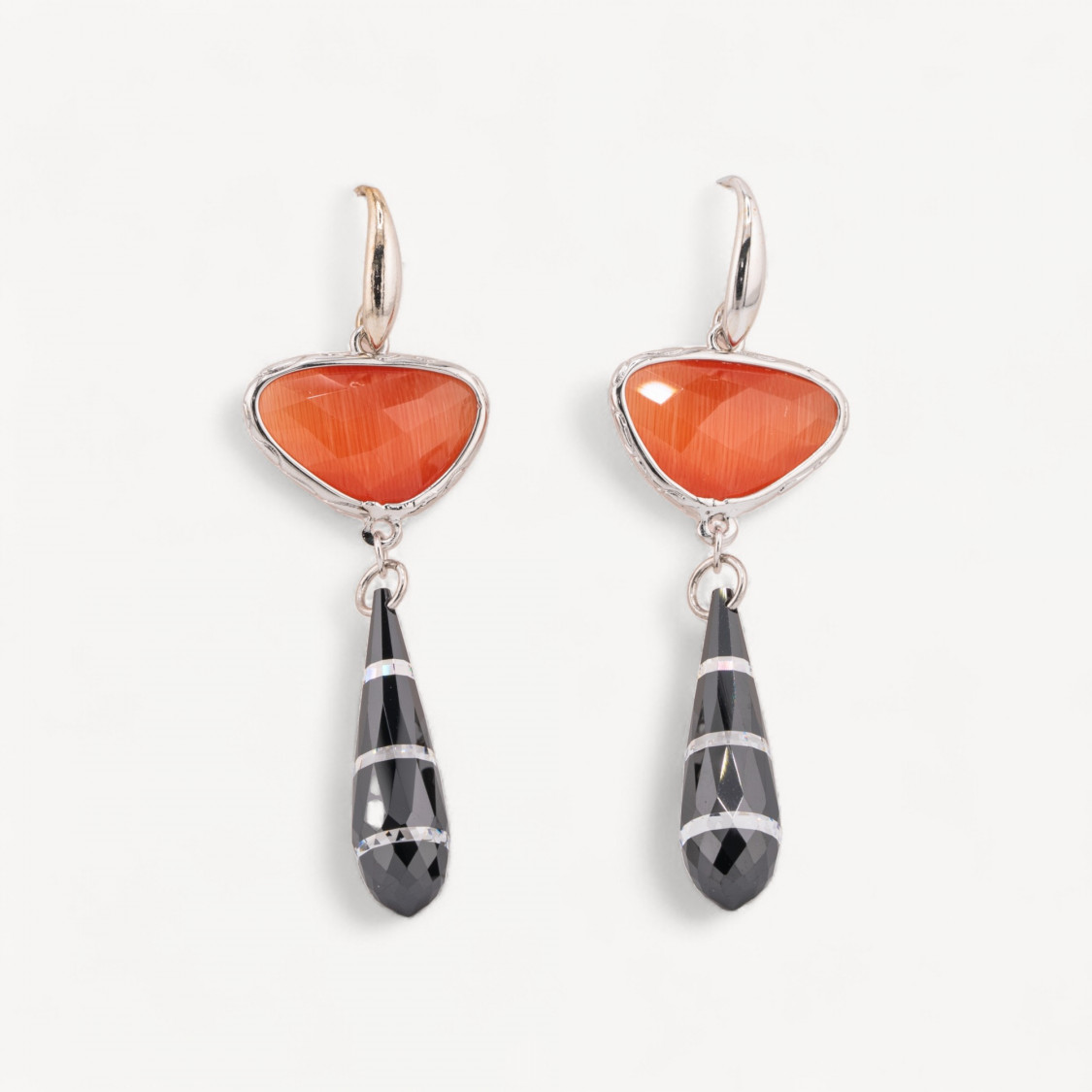 Orecchini A Monachella Di Argento 925 Con Componente Di Bronzo Con Occhi Di Gatto E Zirconi A Goccia 20x64mm Arancio-ORECCHINI 925 SILVER HANDMADE | Worldofjewel.com