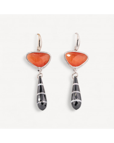 Orecchini A Monachella Di Argento 925 Con Componente Di Bronzo Con Occhi Di Gatto E Zirconi A Goccia 20x64mm Arancio-ORECCHINI 925 SILVER HANDMADE | Worldofjewel.com