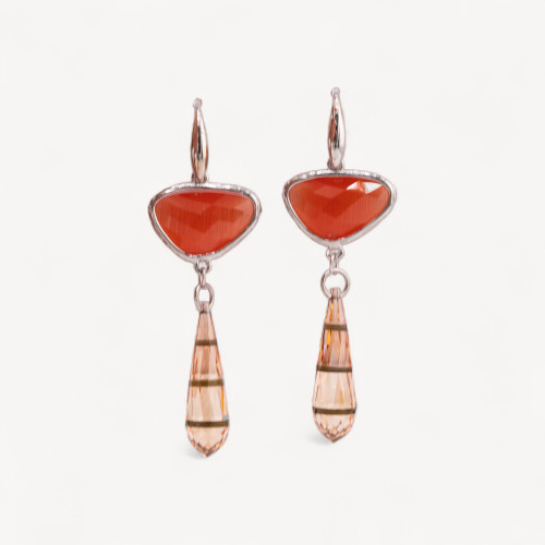 Boucles d'oreilles à levier en argent 925 avec élément en bronze, œil-de-chat et zircone pendante orange 20 x 64 mm