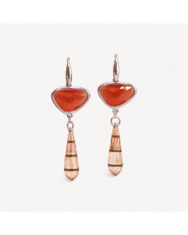 Orecchini A Monachella Di Argento 925 Con Componente Di Bronzo Con Occhi Di Gatto E Zirconi A Goccia 20x64mm Arancio-ORECCHINI 925 SILVER HANDMADE | Worldofjewel.com
