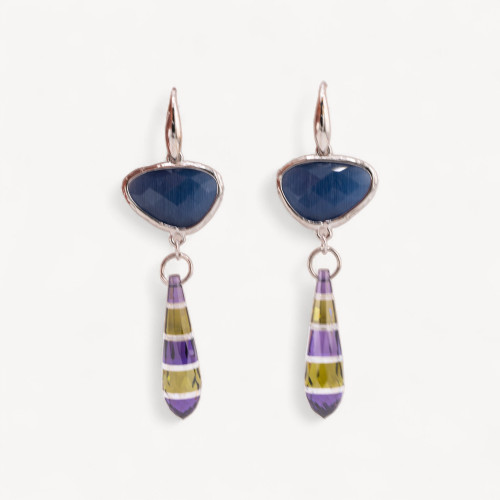 Pendientes de Plata 925 con Cierre de Bronce con Ojo de Gato y Circonita Gota 20x64mm Azul