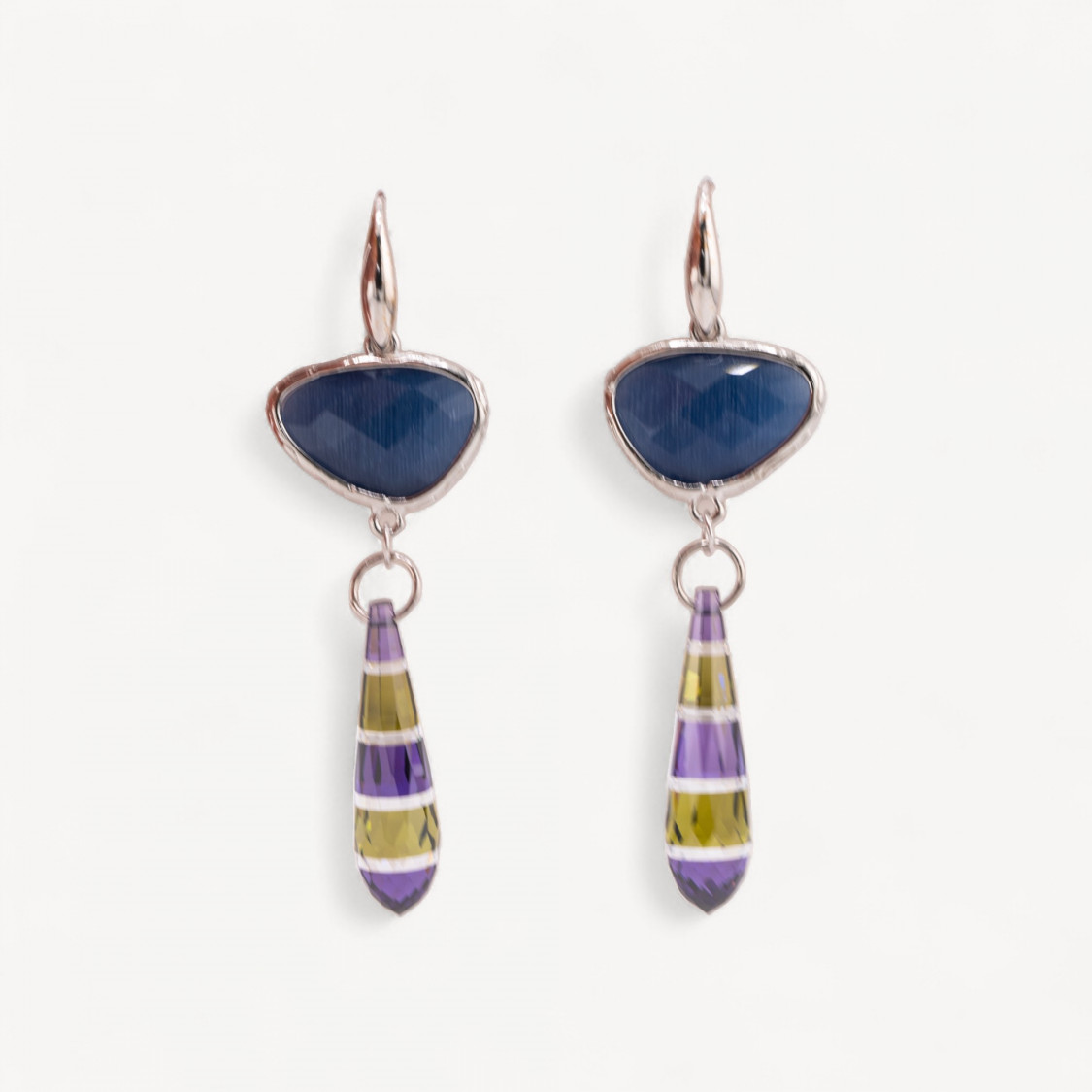 Orecchini A Monachella Di Argento 925 Con Componente Di Bronzo Con Occhi Di Gatto E Zirconi A Goccia 20x64mm Blu-ORECCHINI 925 SILVER HANDMADE | Worldofjewel.com