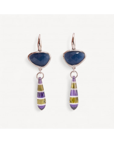 Orecchini A Monachella Di Argento 925 Con Componente Di Bronzo Con Occhi Di Gatto E Zirconi A Goccia 20x64mm Blu-ORECCHINI 925 SILVER HANDMADE | Worldofjewel.com