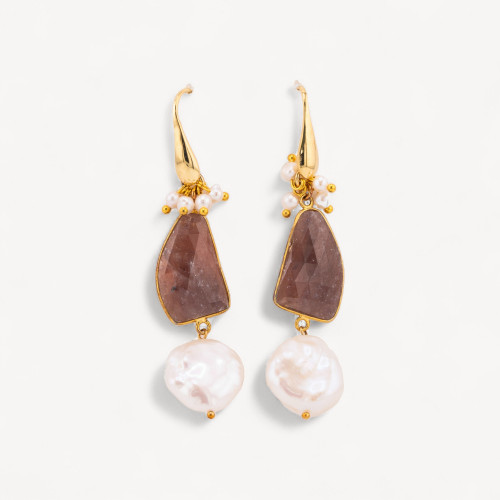 925 Silver Leverback Earrings with Hard Stones and Natural Pearls 20x60mm Gold Plated