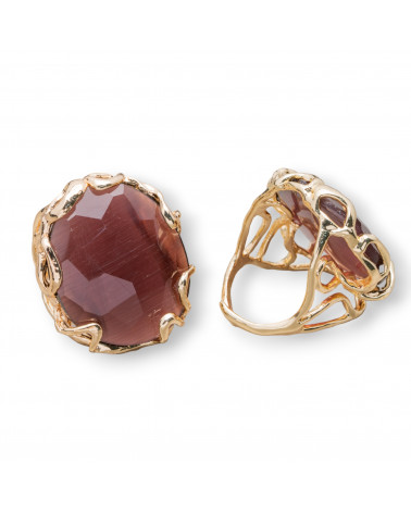Anello Regolabile in Bronzo Dorato Collezione AURORA-1 con Occhio Di Gatto Vinaccia | Gioiello Artigianale Donna 28x32mm-ANELLI BIJOUX DONNA AURORA BEST SELLER | Worldofjewel.com