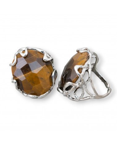 Anello Regolabile in Bronzo Rodiato Collezione AURORA-1 con Pietre Dure Occhio Di Tigre | Gioiello Artigianale Donna 28x32mm-ANELLI BIJOUX DONNA AURORA BEST SELLER | Worldofjewel.com