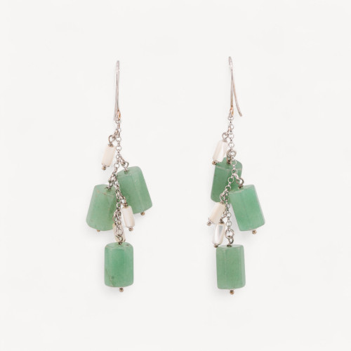 925 Silver Leverback Earrings with Green Aventurine and Mother of Pearl 20x78mm