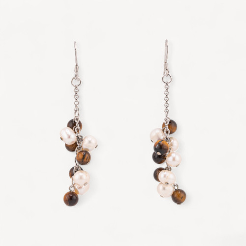 Boucles d'oreilles à levier en argent 925 avec perles de rivière œil-de-tigre de 16 x 66 mm