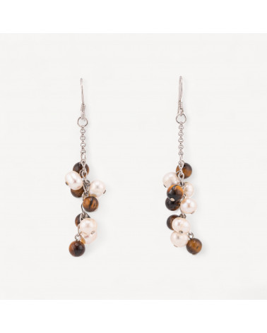 Orecchini A Monachella Di Argento 925 Con Perle Di Fiume 16x66mm Occhio Di Tigre-SILBER 925 DESIGN ITALIEN | Worldofjewel.com