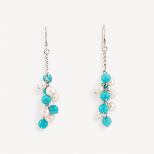 Boucles d'oreilles à levier en argent 925 avec perles de rivière de 16 x 66 mm et pâte de turquoise