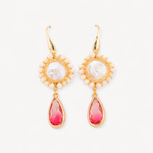 925 Silver Leverback Earrings with Coin River Pearls and Set Crystal Drops 22x66mm Multicolor Pink