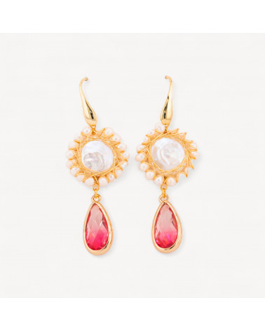 Orecchini A Monachella Di Argento 925 Con Perle Di Fiume Coin Lavorato E Gocce Di Cristalli Incastonati 22x66mm Multicolor Rosa-ARGENT 925 FANTAISIE | Worldofjewel.com
