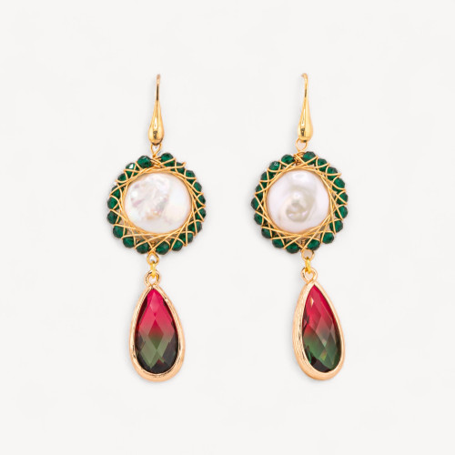 925 Silver Leverback Earrings with Coin River Pearls and Set Crystal Drops 22x66mm Multicolor Green
