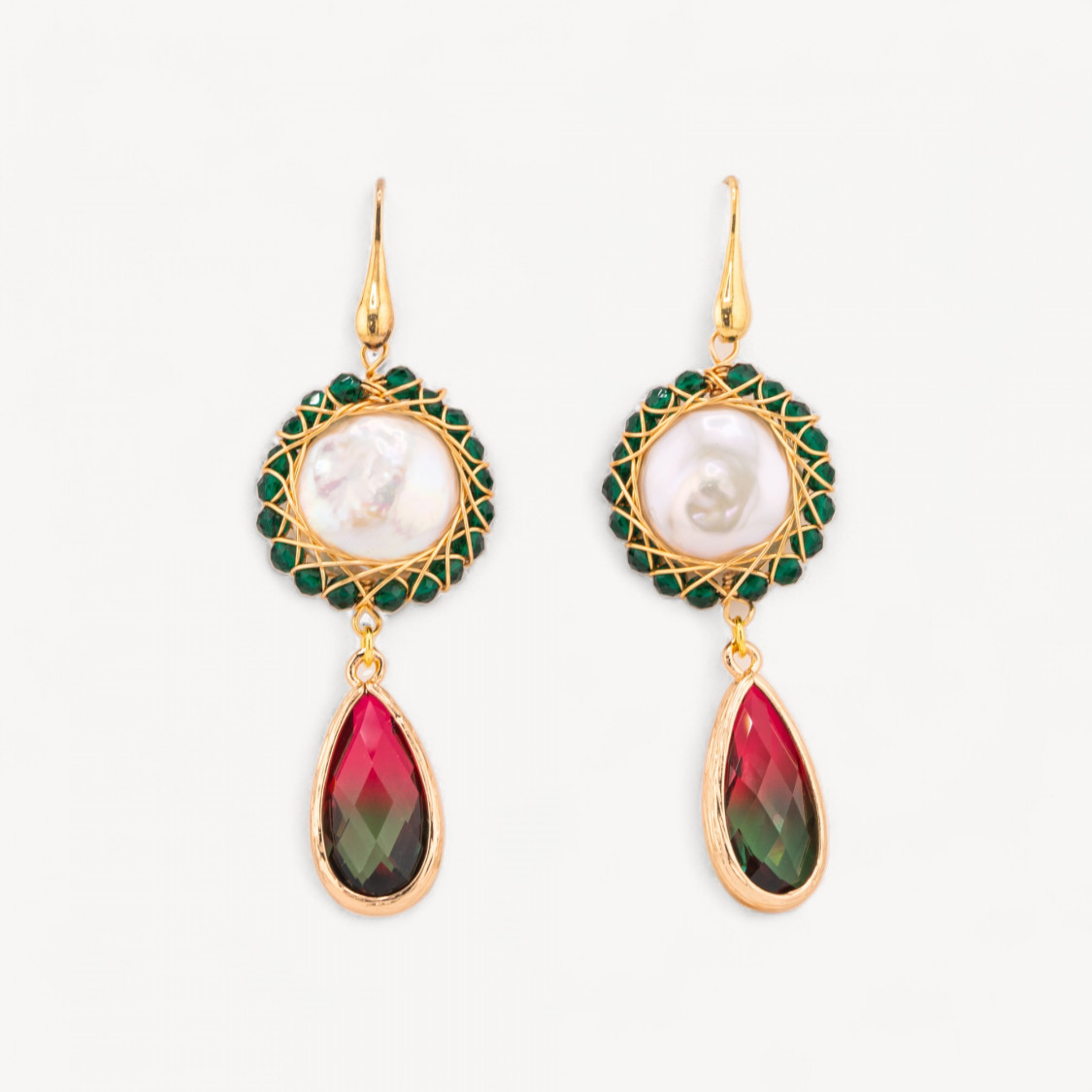 Orecchini A Monachella Di Argento 925 Con Perle Di Fiume Coin Lavorato E Gocce Di Cristalli Incastonati 22x66mm Multicolor Verd-ARGENT 925 FANTAISIE | Worldofjewel.com