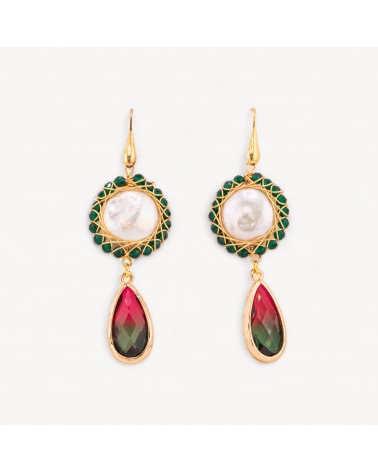 Orecchini A Monachella Di Argento 925 Con Perle Di Fiume Coin Lavorato E Gocce Di Cristalli Incastonati 22x66mm Multicolor Verd-ARGENT 925 FANTAISIE | Worldofjewel.com