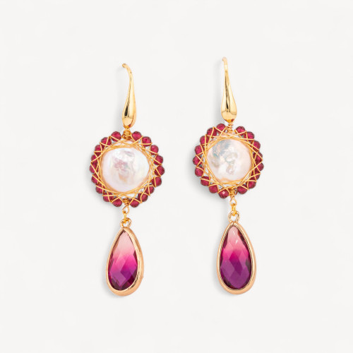 925 Silver Leverback Earrings with Coin River Pearls and Crystal Drops Set 22x66mm Multicolor Purple