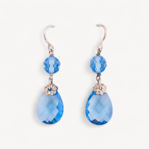 925 Silver Leverback Earrings with Faceted Oval Zirconia and Flat Faceted Drop 13x54mm