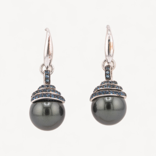 Pendientes de plata 925 y perla de Mallorca con cierre de palanca y circonitas en espiral de 12 x 35 mm