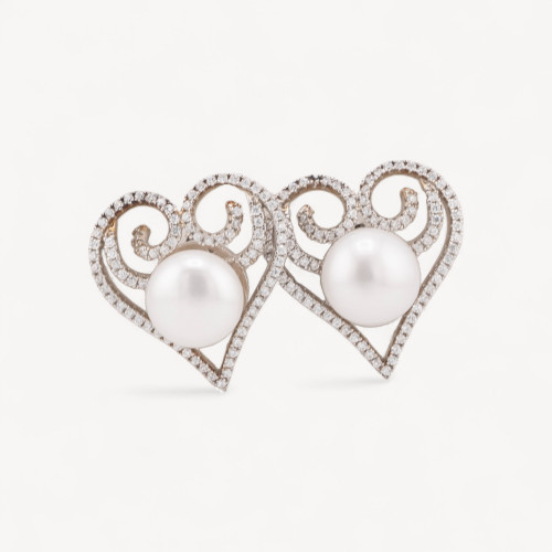 925 Silver Stud Earrings with Cubic Zirconia and River Pearls, Heart Shape, 20mm