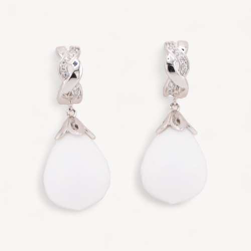 Boucles d'oreilles puces en argent 925 avec zirconium et pendentif en agate blanche
