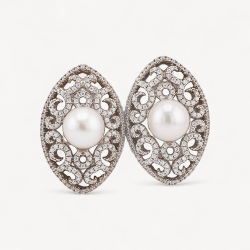 925 Silver Stud Earrings with Zirconia and 18x27mm River Pearls