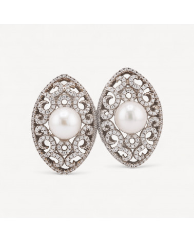 Orecchini Di Argento 925 A Perno Con Zirconi E Perle Di Fiume 18x27mm-ARGENT 925 FANTAISIE | Worldofjewel.com