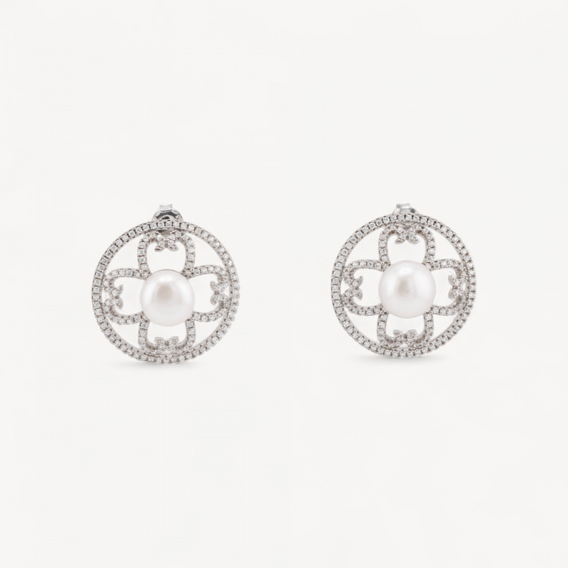 Orecchini Di Argento 925 A Perno Con Zirconi E Perle Di Fiume Tondo 23mm 1 Paio-ARGENT 925 FANTAISIE | Worldofjewel.com